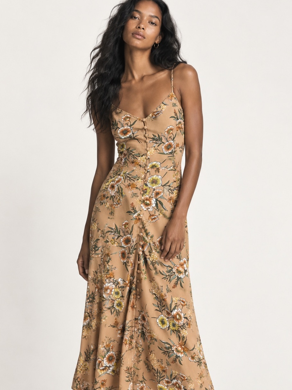 NWT Crescent Floral Slip Midi Dress in Tan with Yellow Accents